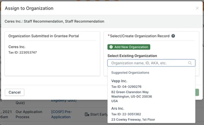 select existing organization