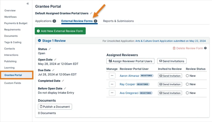 external review forms tab
