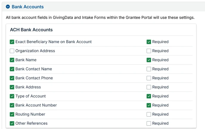 bank accounts settings