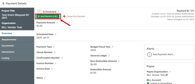 send payment to bill button