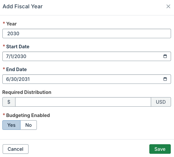 add fiscal year modal