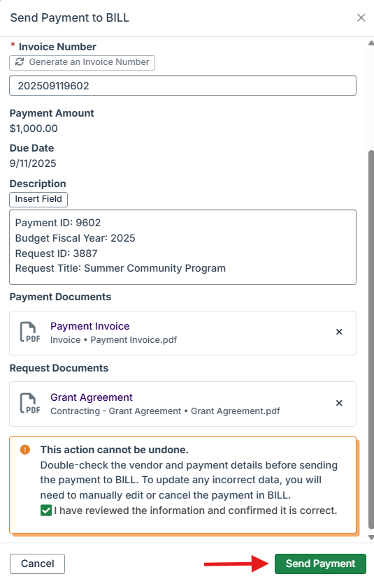 send payment button