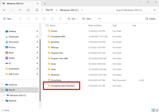 givingdata word manifest folder