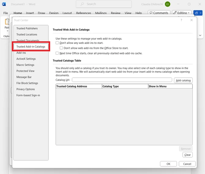 trusted add-in catalogs tab