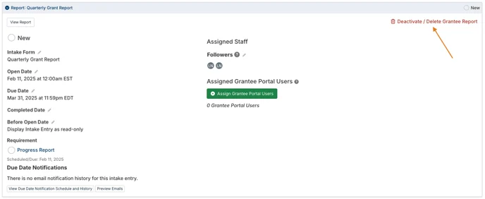 deactivate/delete grantee report option