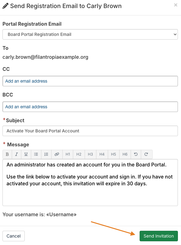 send invitation button