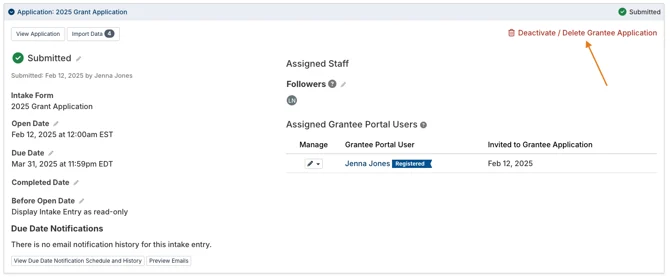deactivate/delete grantee application
