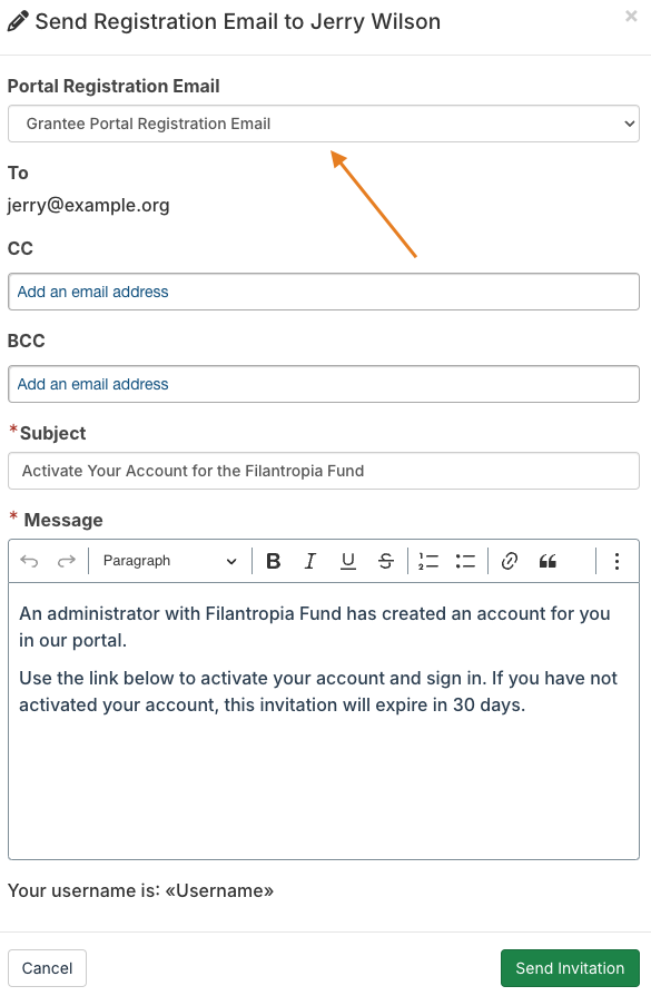 portal registration email dropdown