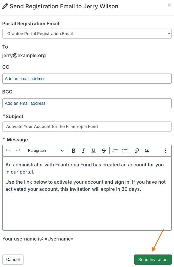 send invitation button