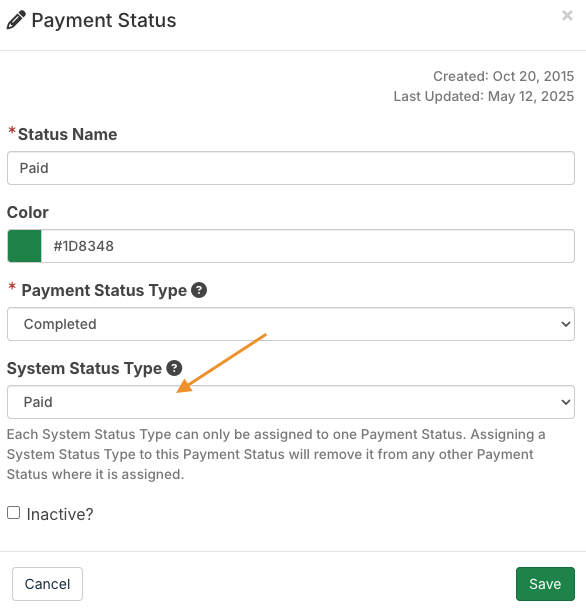 system status type dropdown