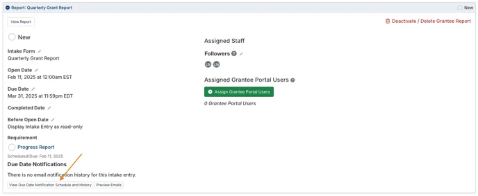 view due date notification schedule and history button