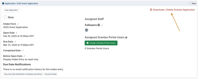 deactivate/delete grantee application option