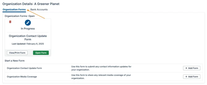 organization forms tab