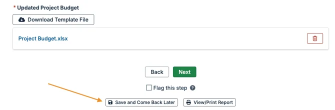 save and come back later button