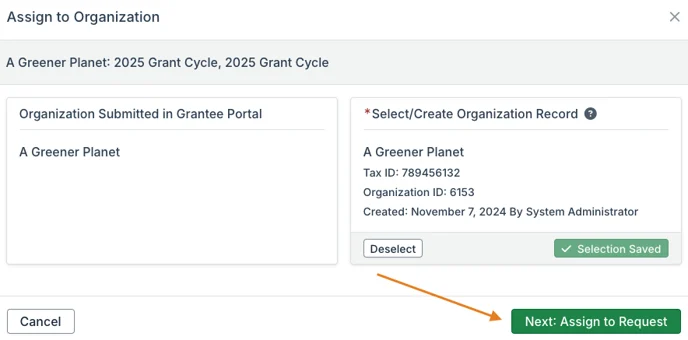next: assign to request button