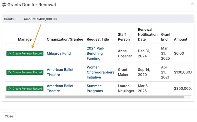 create renewal record button