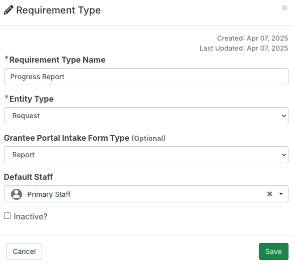 requirement type modal