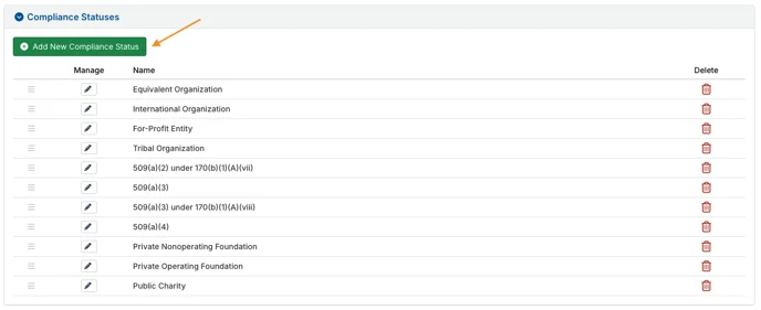 add new compliance status button