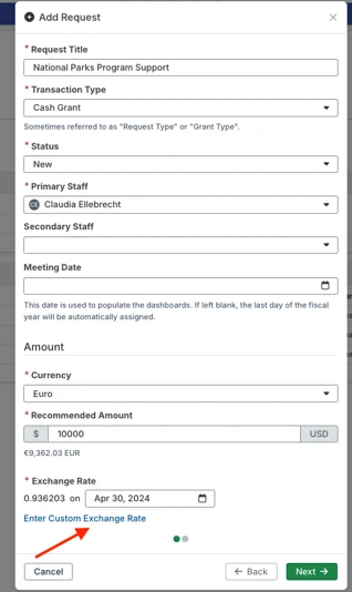 enter custom exchange rate option