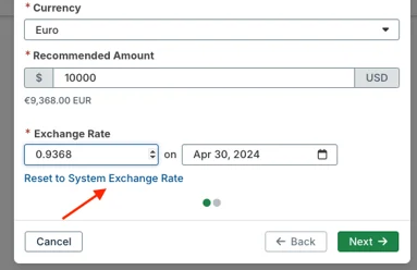 reset to system exchange rate option