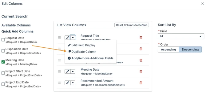 duplicate column option