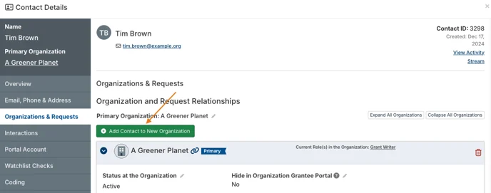 add contact to new organization button