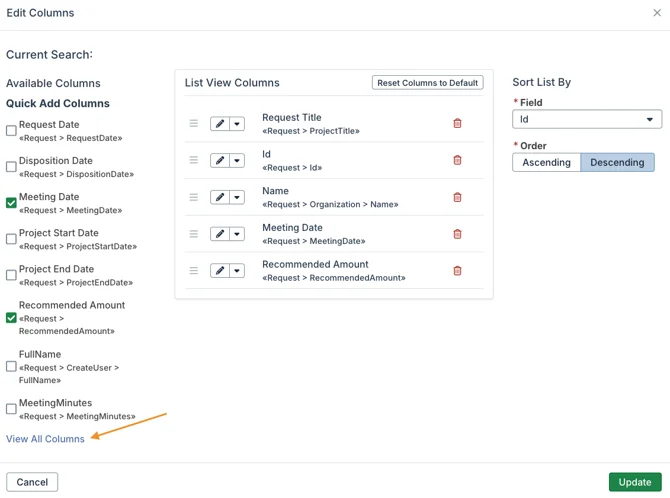 view all columns option