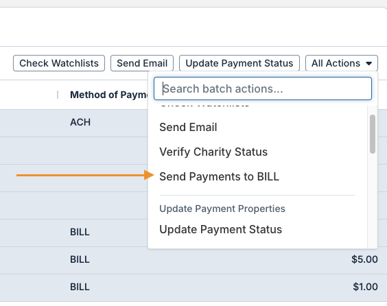send payments to BILL option