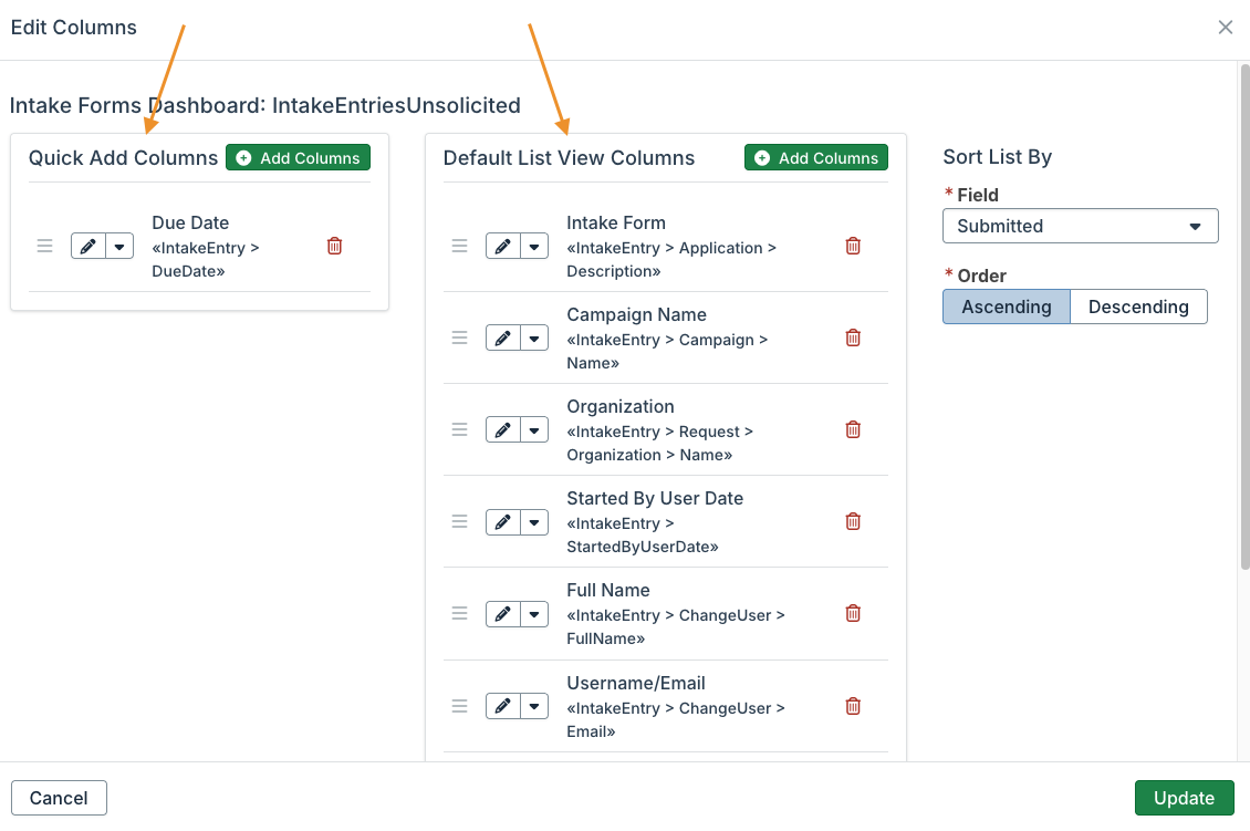 quick add columns and default list view columns