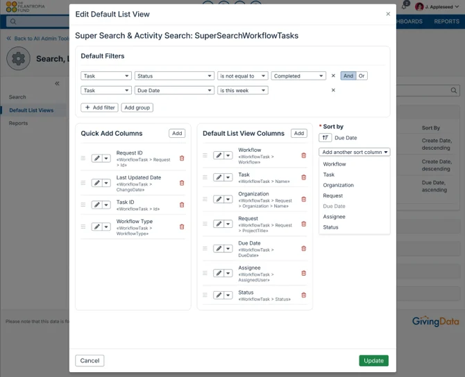 edit default list view modal