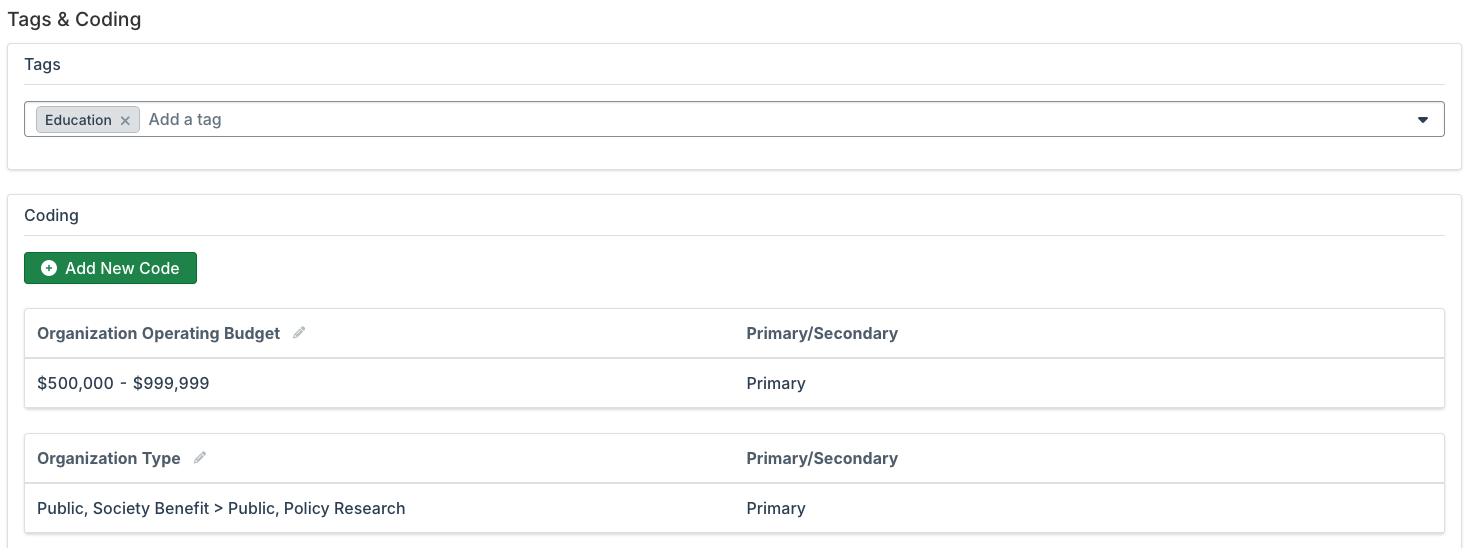 tags & coding tab