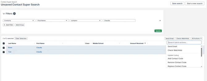 contact super search batch actions