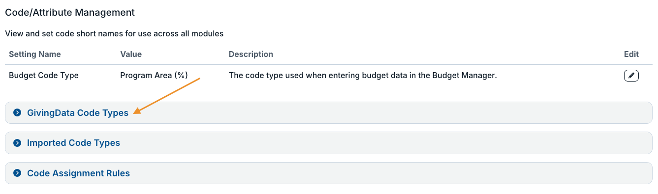 givingdata code types dropdown
