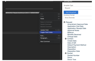toggle field codes option