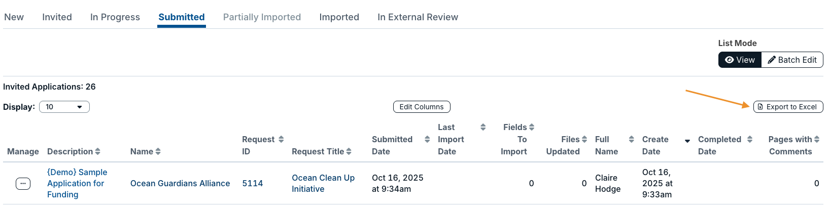 export to excel button