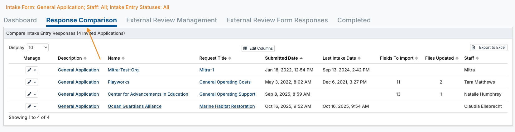 response comparison tab