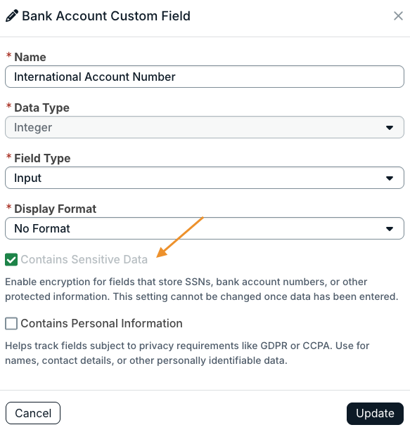 Contains Sensitive Data checkbox