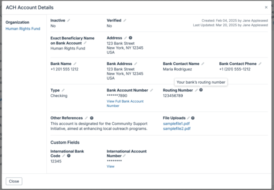 bank account custom fields
