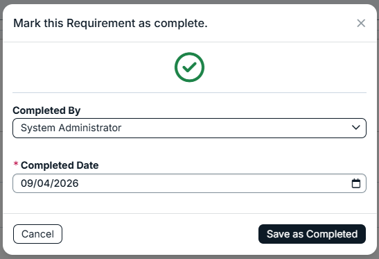 mark requirement complete modal