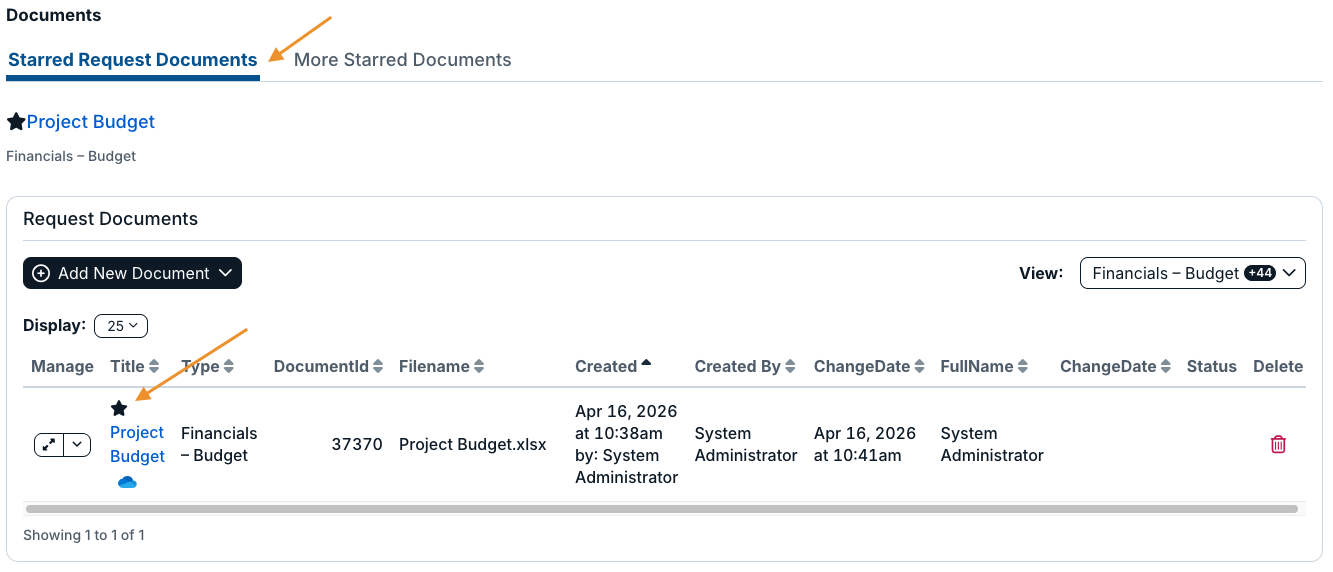 star icon and starred request documents tab