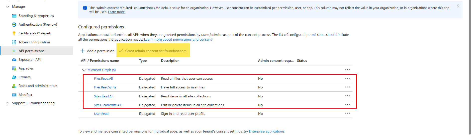 grant admin consent button