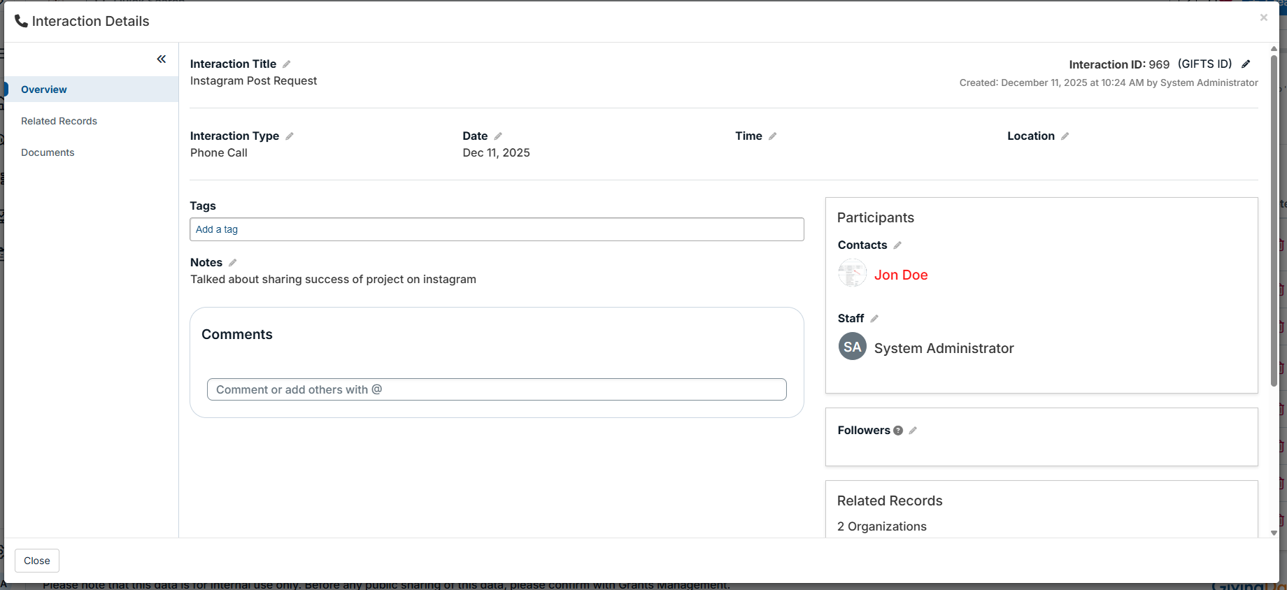interaction details modal