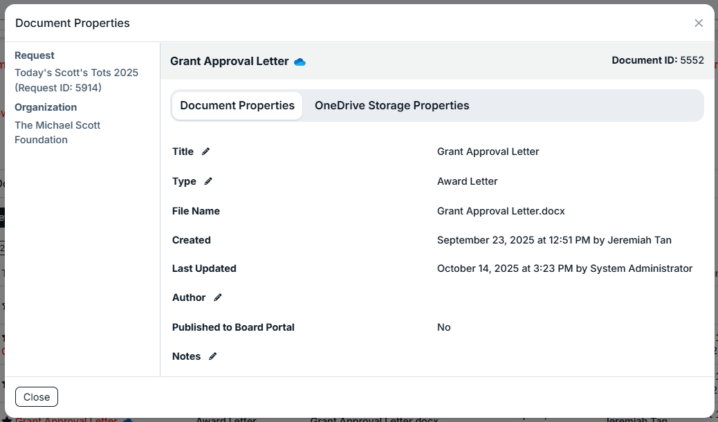 document properties modal
