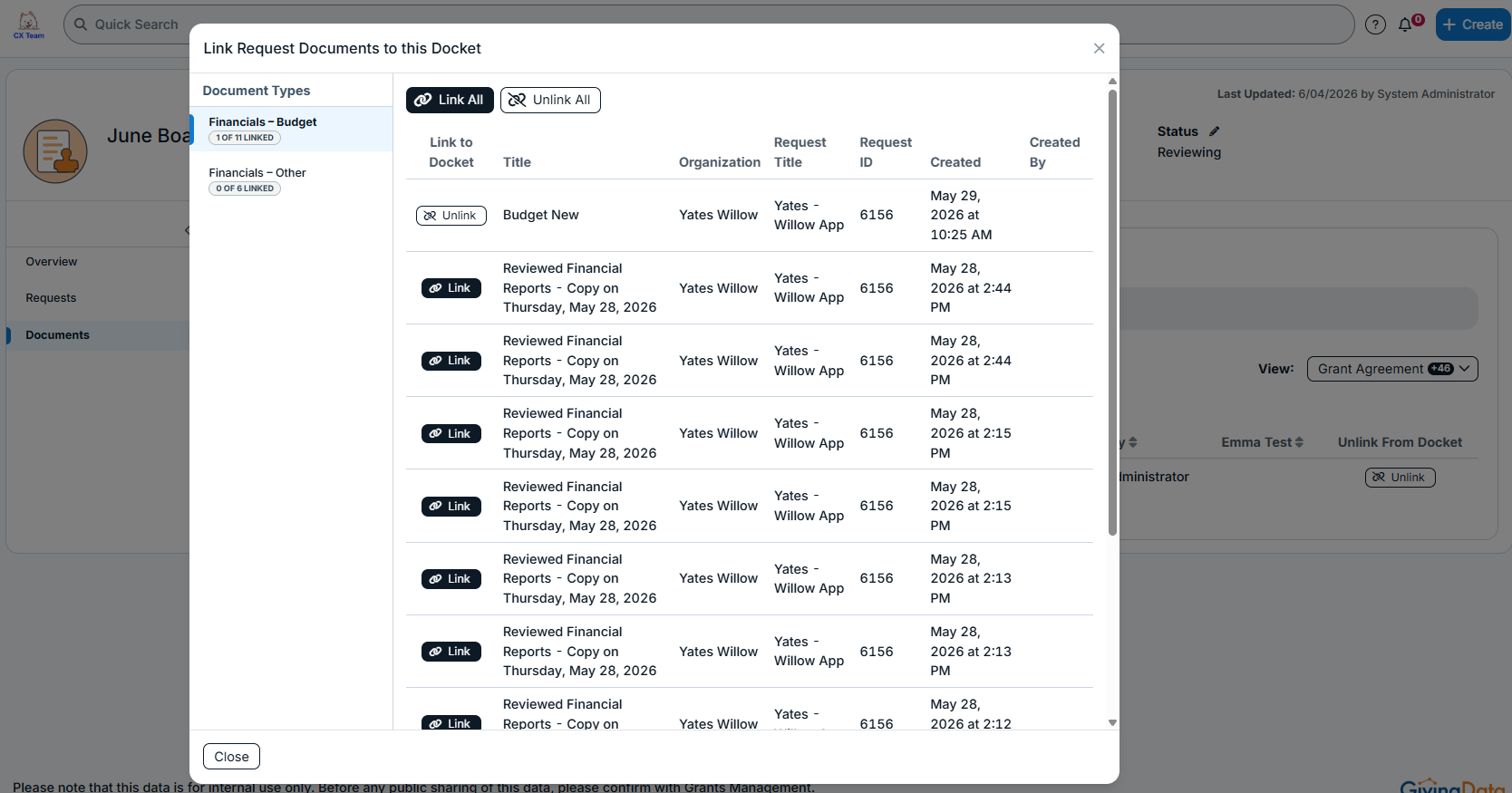 link request documents to this docket modal