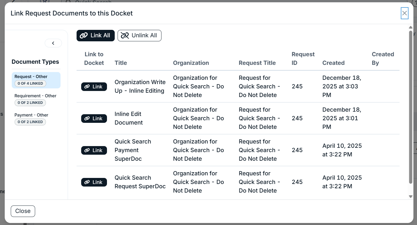 link request documents to this docket modal