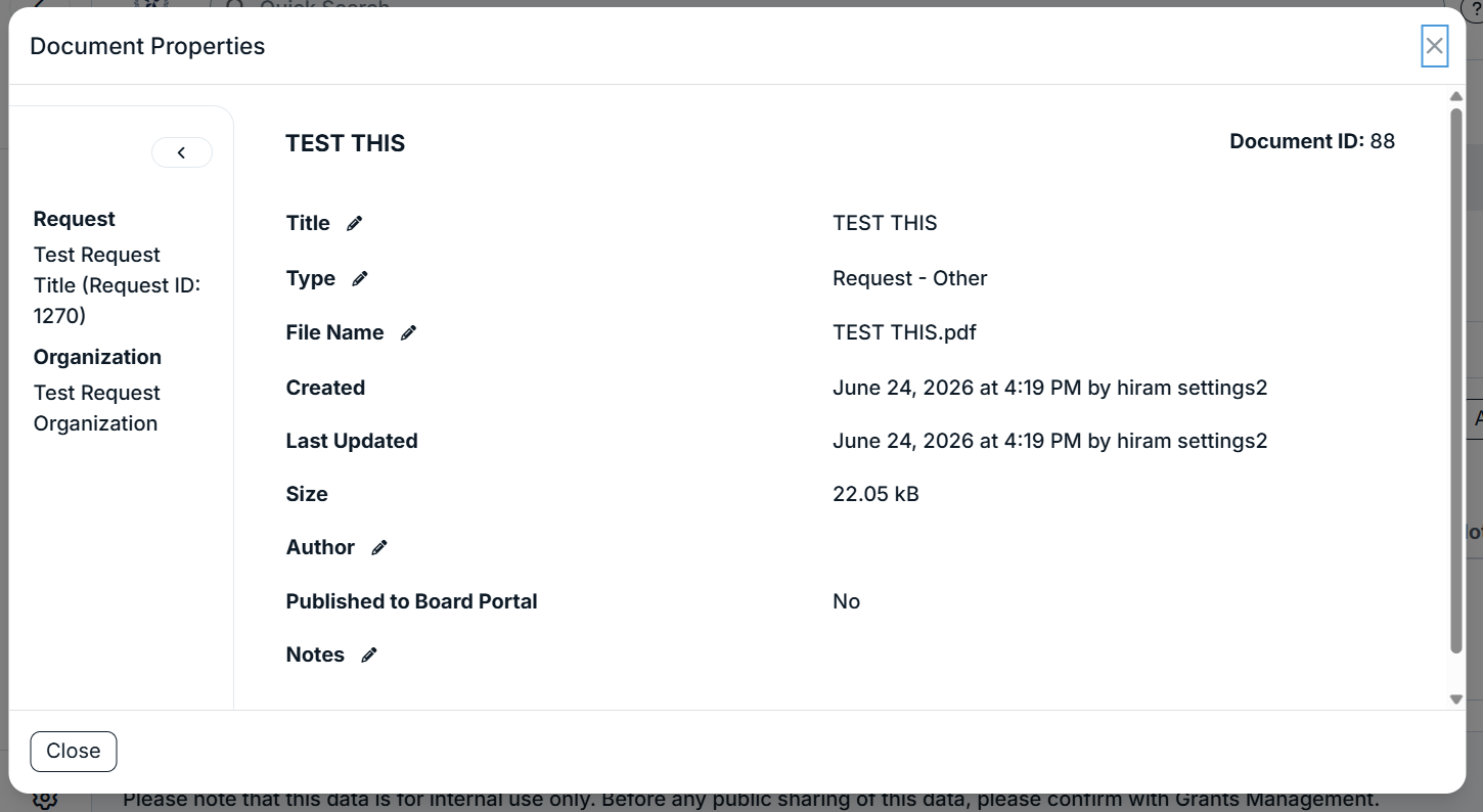document properties modal