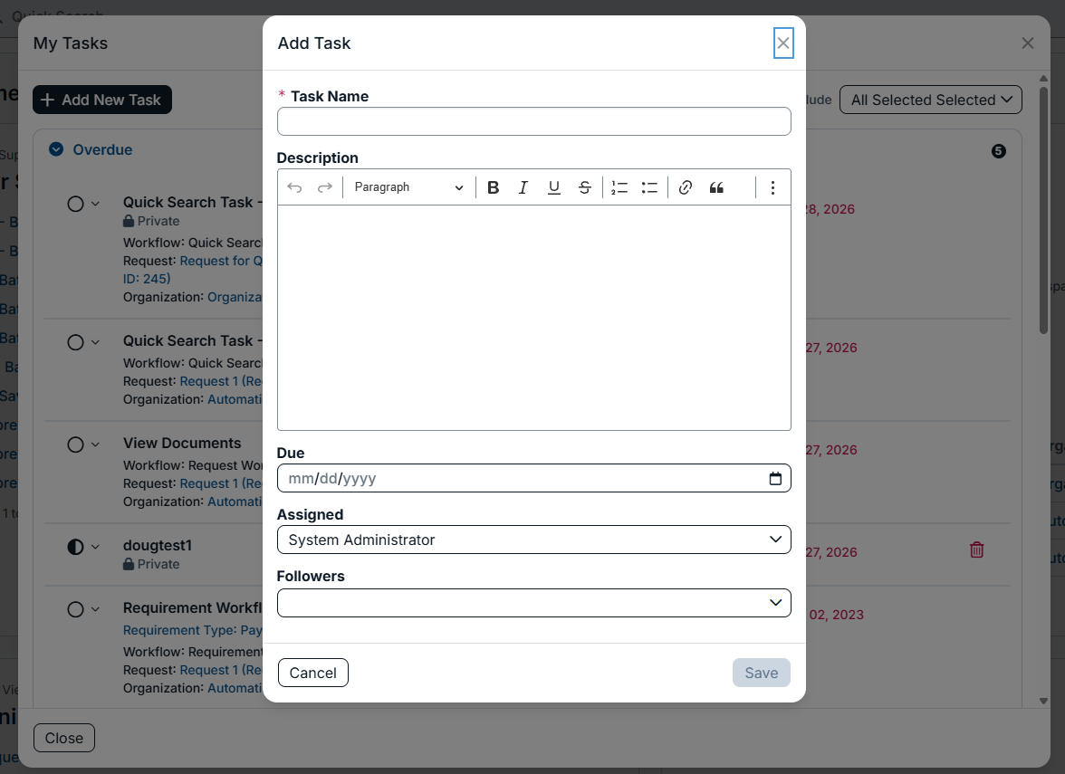 My tasks modal