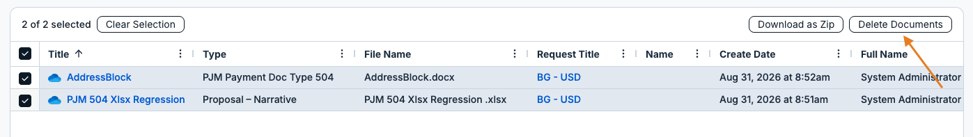 delete documents button