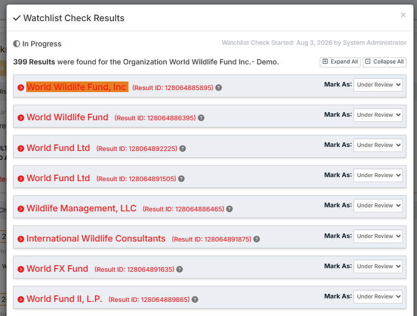 watchlist check results modal
