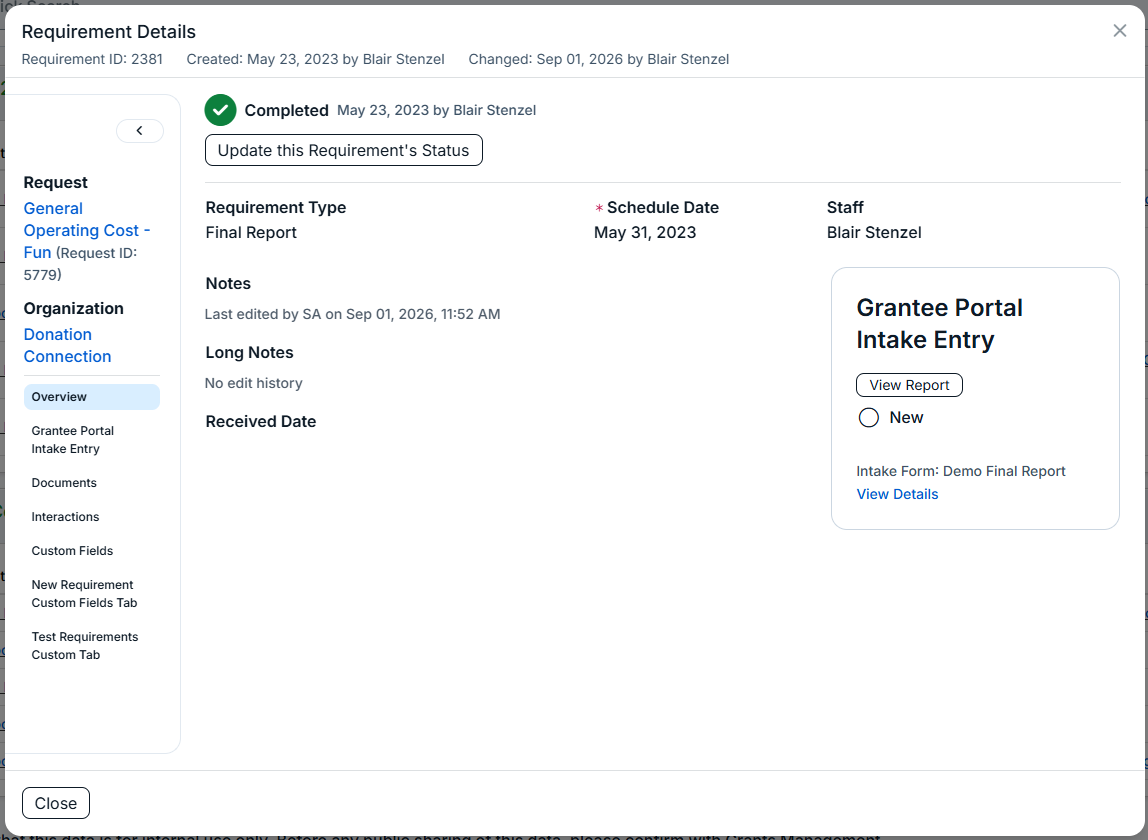 requirement details modal